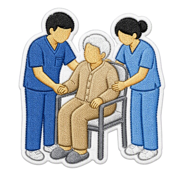 Two caregivers assisting seated elderly patient patch — Personal Care